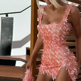 LIZAKOSHT  -  Fashion Tassel Short Dress For Women Square Collar Sleeveless Hip Package Side Split Vestidos 2025 Summer Female Sweet Dresses